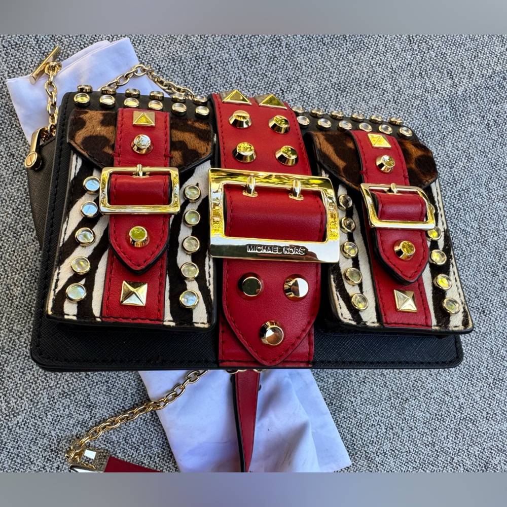 Michael Kors Red and Black Crossbody Bag with Gold Accents